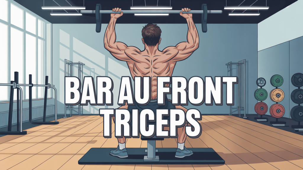 Bar au front triceps, homme musclé sur banc, salle moderne