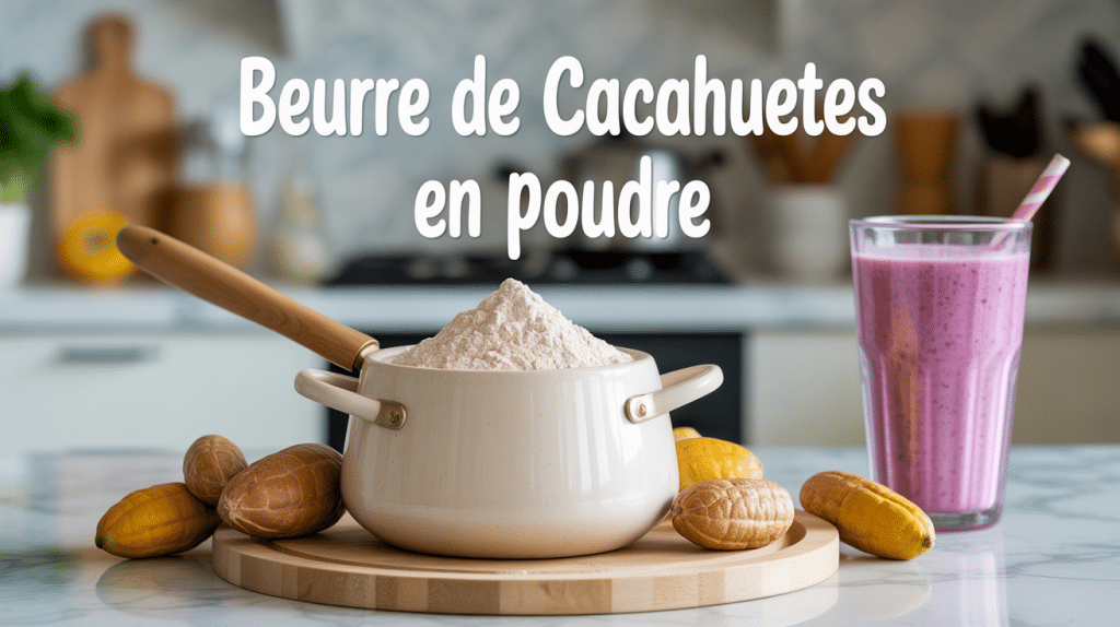 pot ouvert de beurre de cacahuetes en poudre avec smoothie et cacahuetes