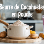 pot ouvert de beurre de cacahuetes en poudre avec smoothie et cacahuetes