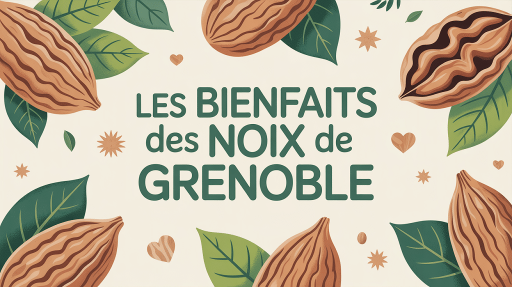 Bienfaits des noix de Grenoble, illustration stylisée avec coques et nutriments