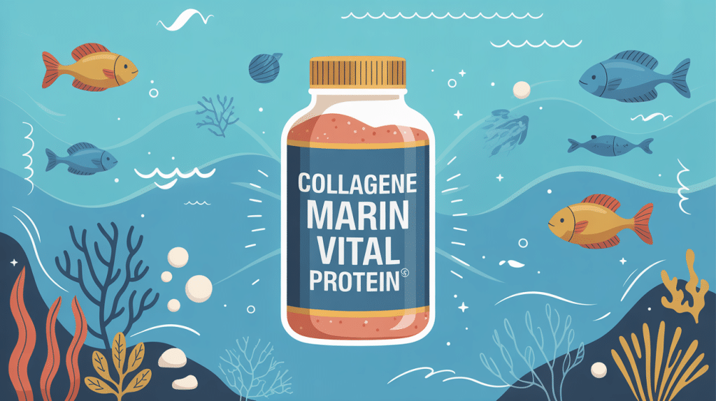 collagene marin vital protein bouteille sur fond ocean