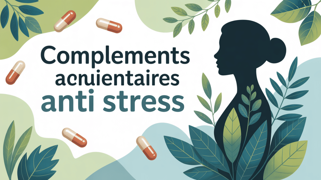 Illustration complement alimentaire anti stress silhouette et plantes