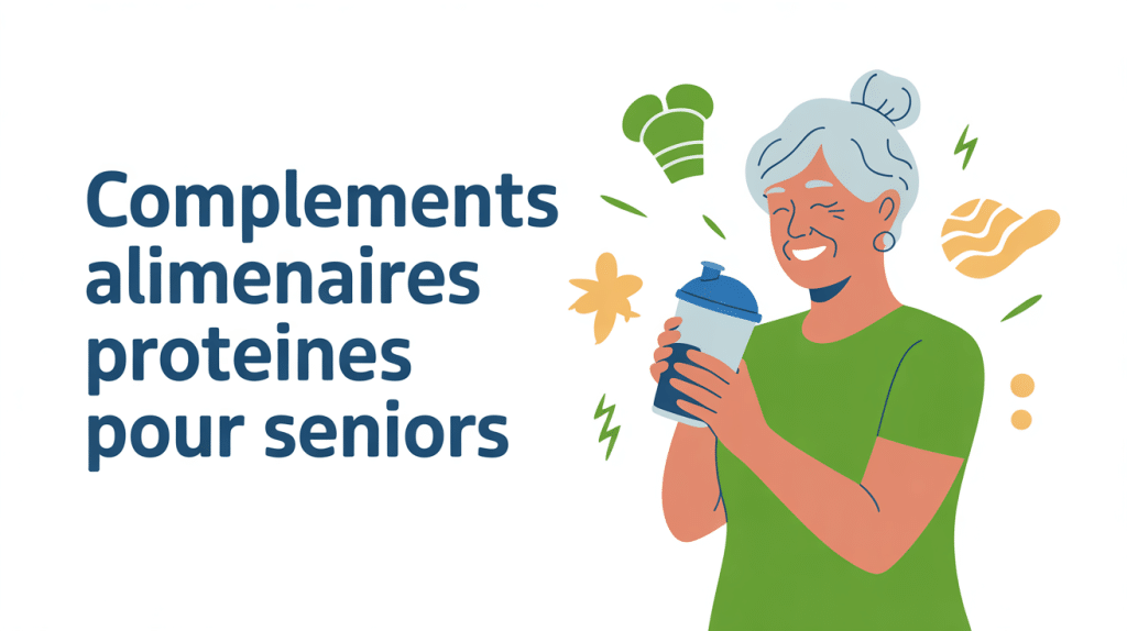 complement alimentaire proteine personne agee avec shaker et symboles de vitalite