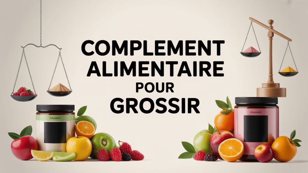 complements alimentaires pour grossir stylisés avec pots haltères fruits balance