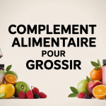 complements alimentaires pour grossir stylisés avec pots haltères fruits balance