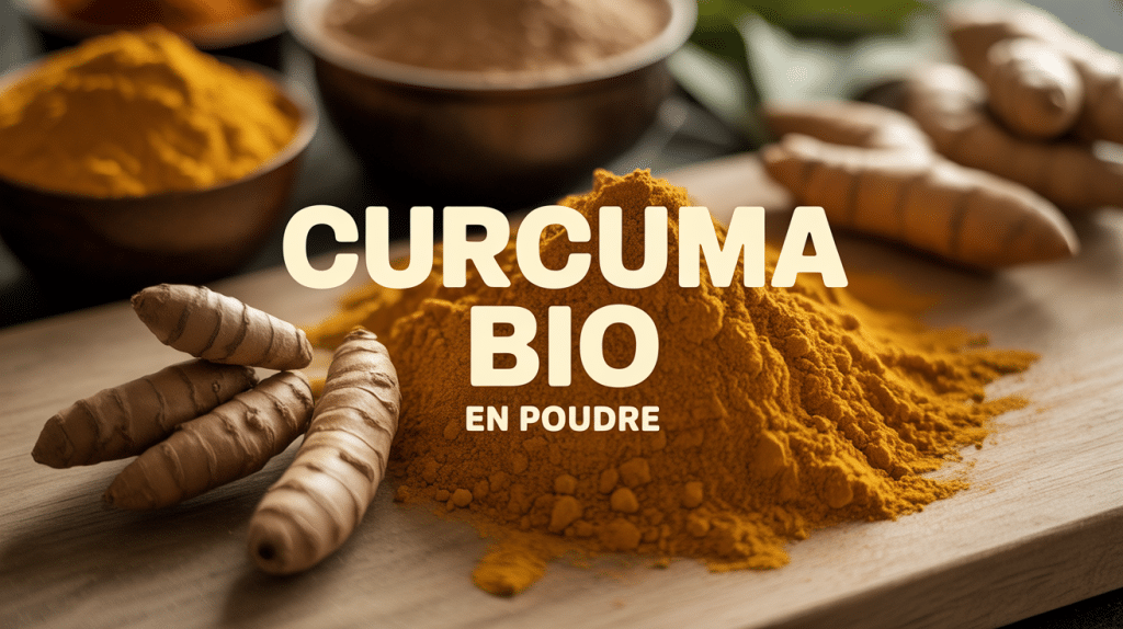 Curcuma bio en poudre et racines fraîches sur bois