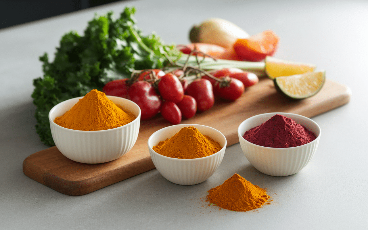 Bols d’épices et curcuma bio en poudre dans cuisine