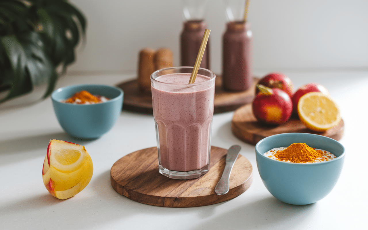 Smoothie doré au curcuma bio en poudre et fruits