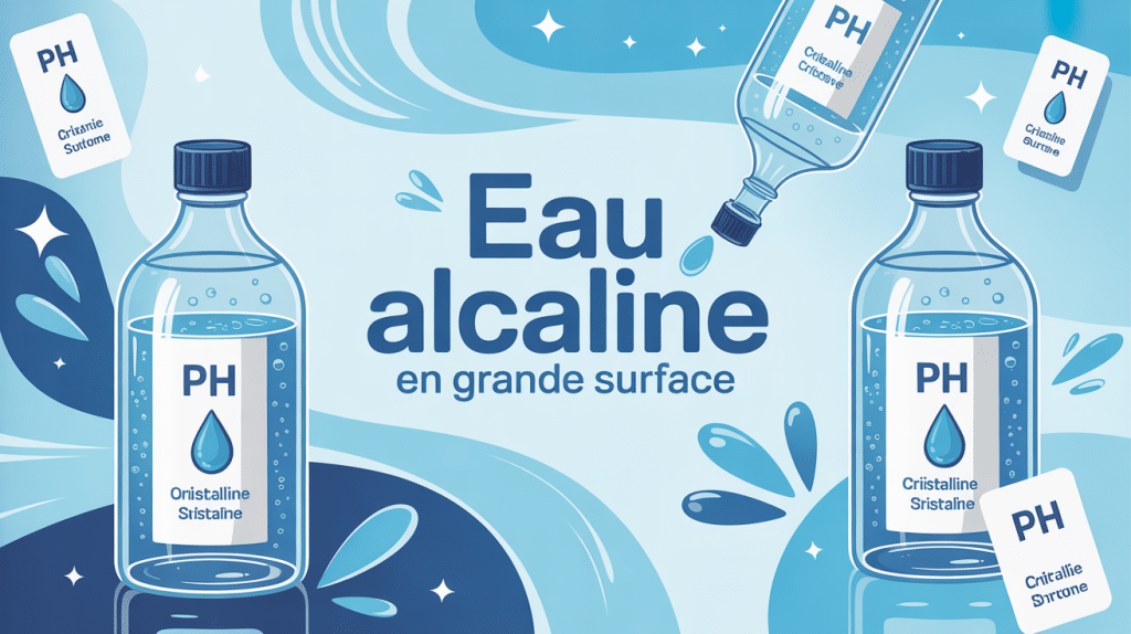 Eau alcaline grande surface bouteilles sur fond bleu