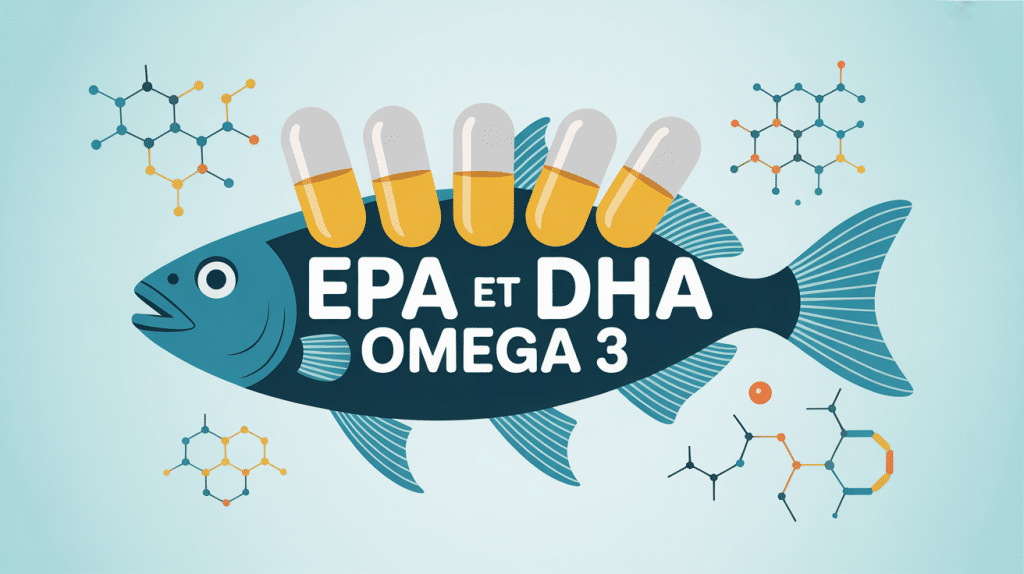 epa omega 3 dha capsules huile dorée sur poisson stylisé
