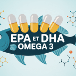 epa omega 3 dha capsules huile dorée sur poisson stylisé