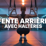 Fente arriere avec halteres femme en salle de sport