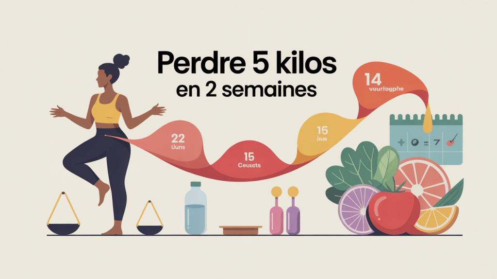Illustration 2 semaines pour perdre 5 kilos, balance, calendrier, repas équilibré, haltères