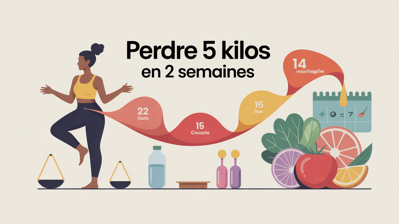 Illustration 2 semaines pour perdre 5 kilos, balance, calendrier, repas équilibré, haltères
