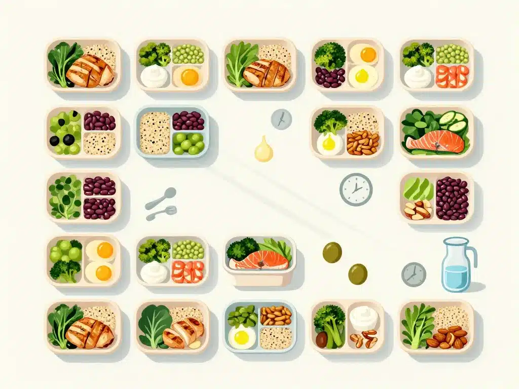 Schéma repas équilibrés 2 semaines pour perdre 5 kilos, portions et eau