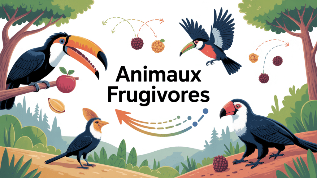 Illustration animaux frugivores dont le regime alimentaire est constitue de fruits, dispersion des graines