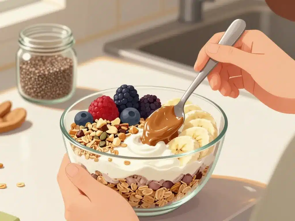 Preparation bol cereales completes au petit dejeuner avec fruits