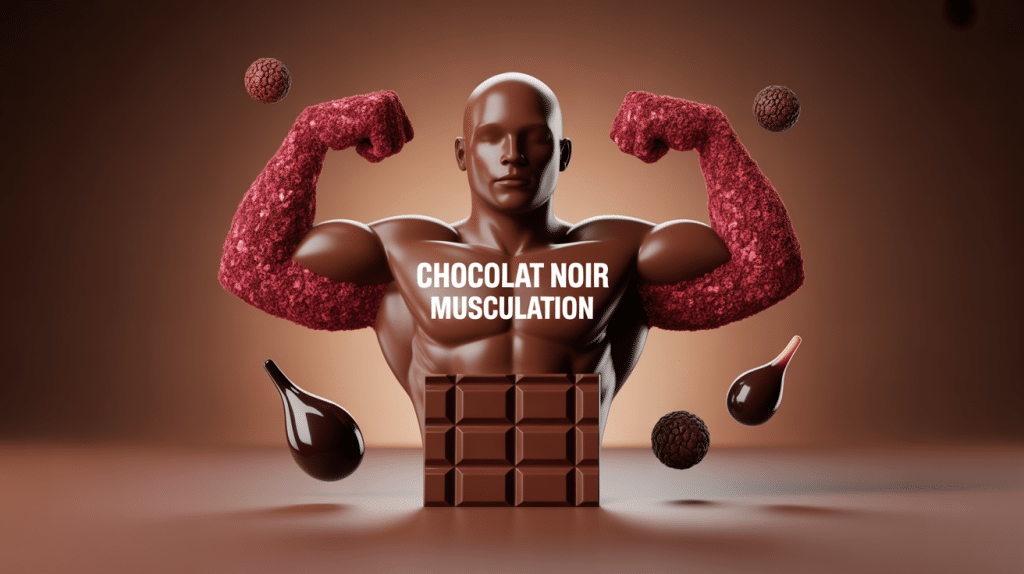Illustration chocolat noir muscu biceps, flux sanguins et antioxydants