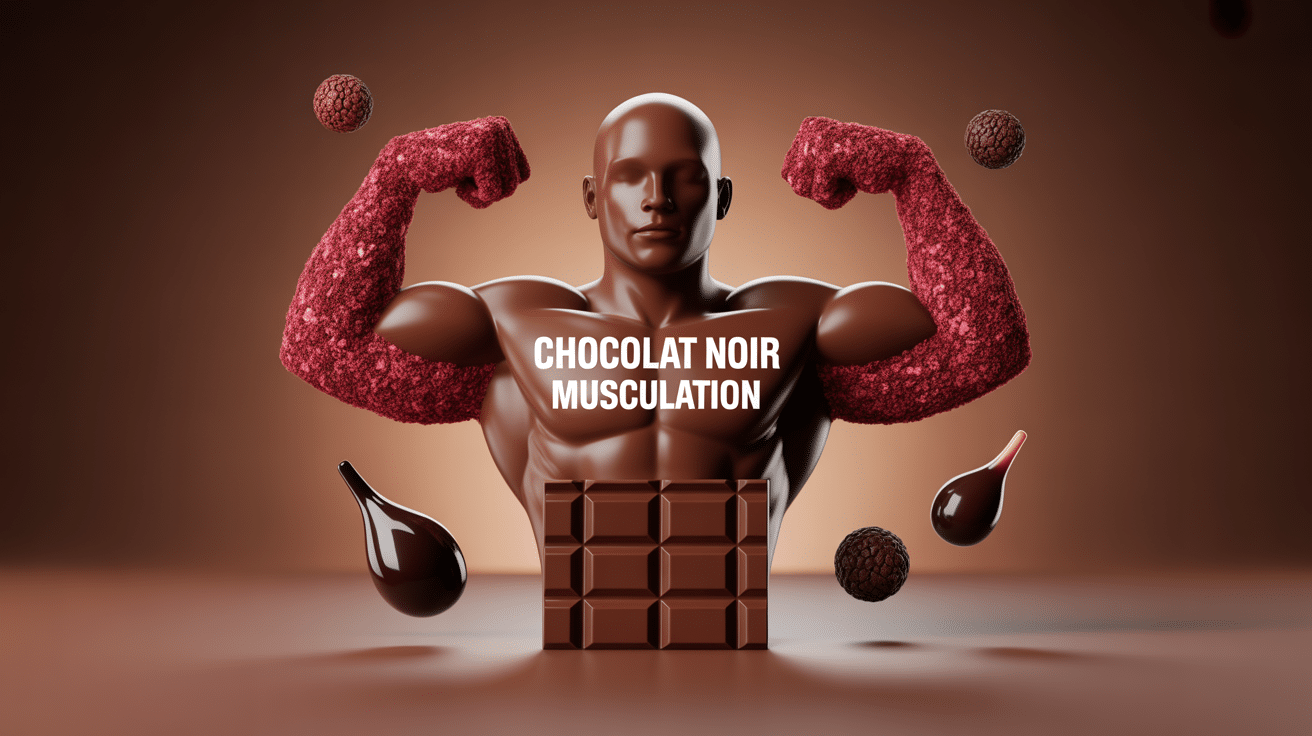 Illustration chocolat noir muscu biceps, flux sanguins et antioxydants