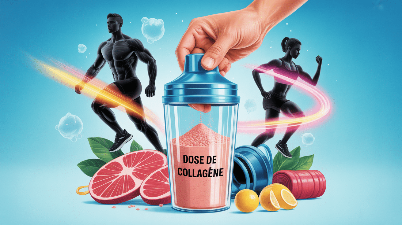 Illustration dose collagene par jour musculation avec shaker et tendons