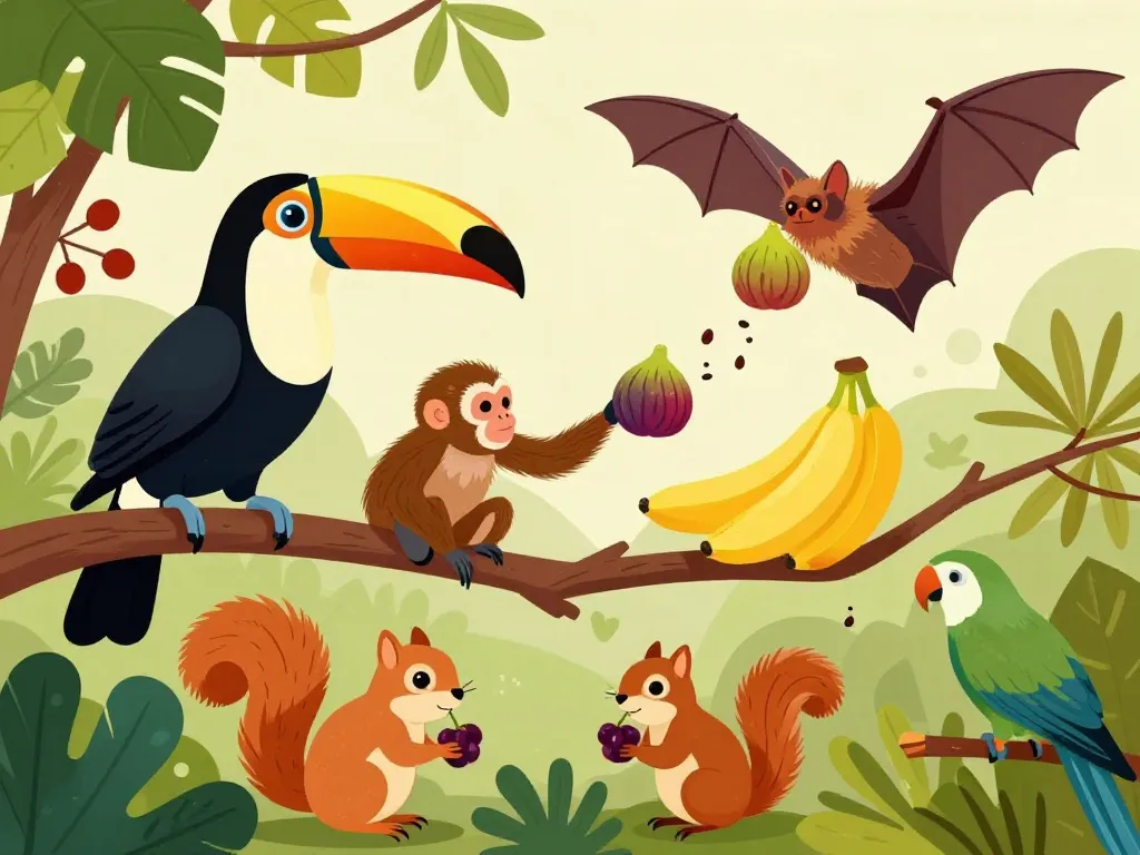 Illustration d'exemples d'animaux dont le regime alimentaire est constitue de fruit