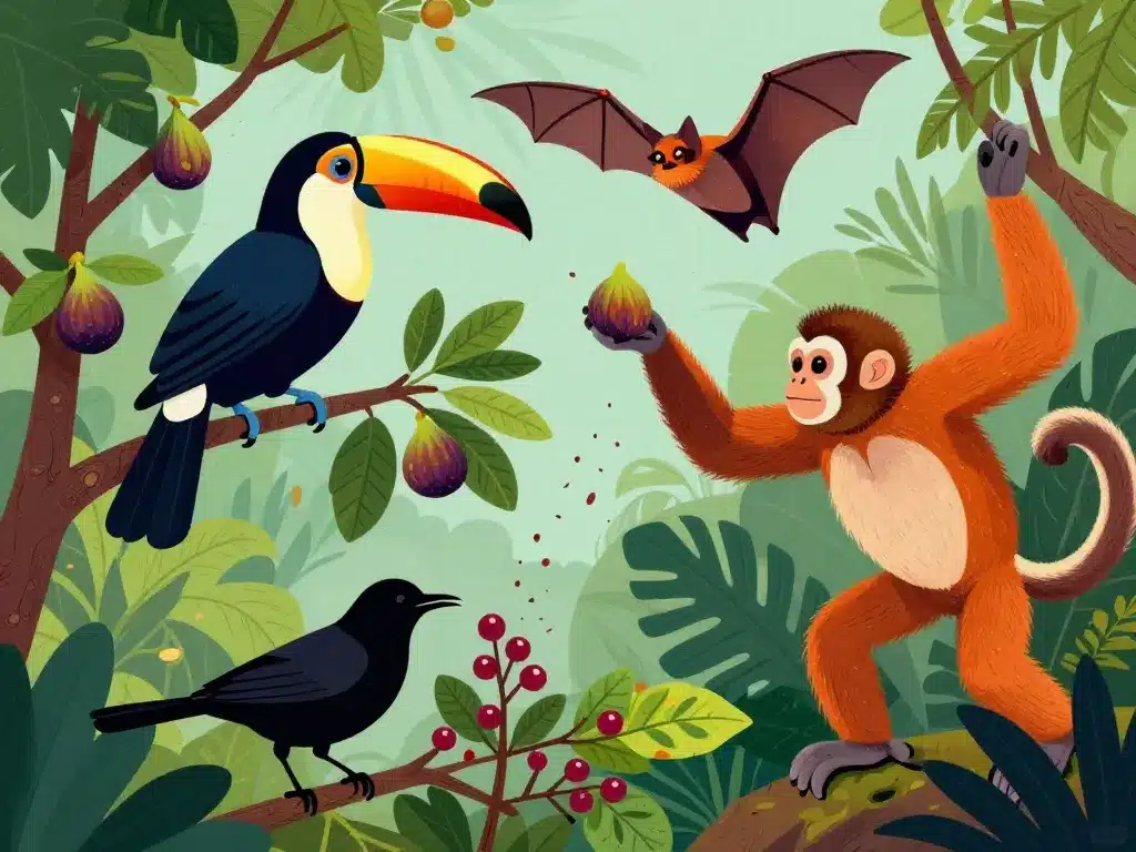 Illustration exemples d'animaux dont le regime alimentaire est constitue de fruits : toucan singe chauve-souris