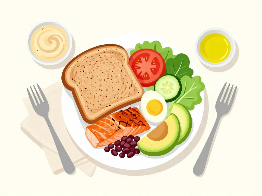 Assiette équilibrée avec pain healthy protéines légumes