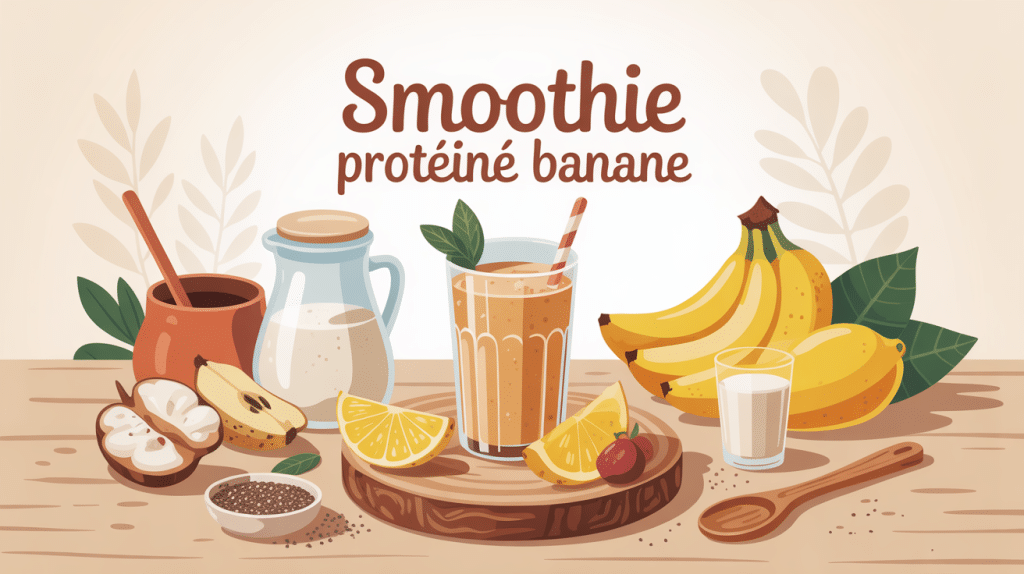 smoothie protéiné banane crémeux entouré d'ingrédients