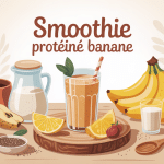 smoothie protéiné banane crémeux entouré d'ingrédients