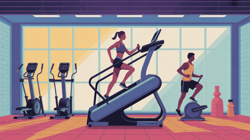 machine salle de sport escalier illustrée avec sportifs en salle lumineuse