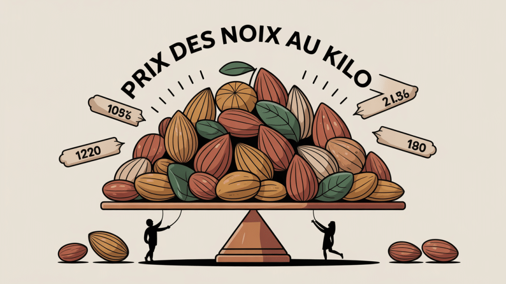 balance avec noix et étiquettes de prix sur le thème prix des noix au kilo