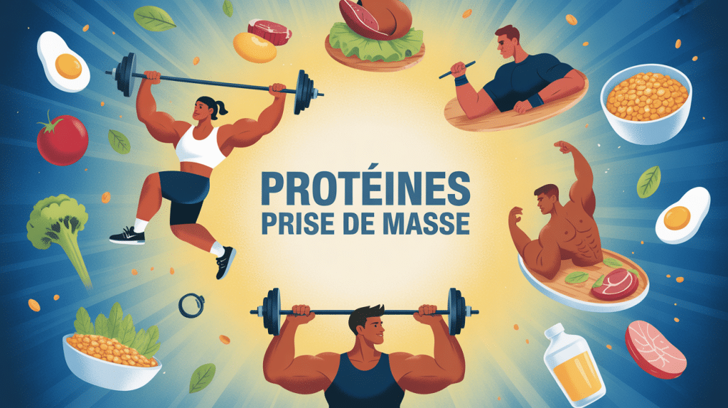 illustration représentant proteine musculation pour prise de masse avec sportifs et aliments