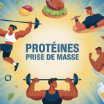 illustration représentant proteine musculation pour prise de masse avec sportifs et aliments
