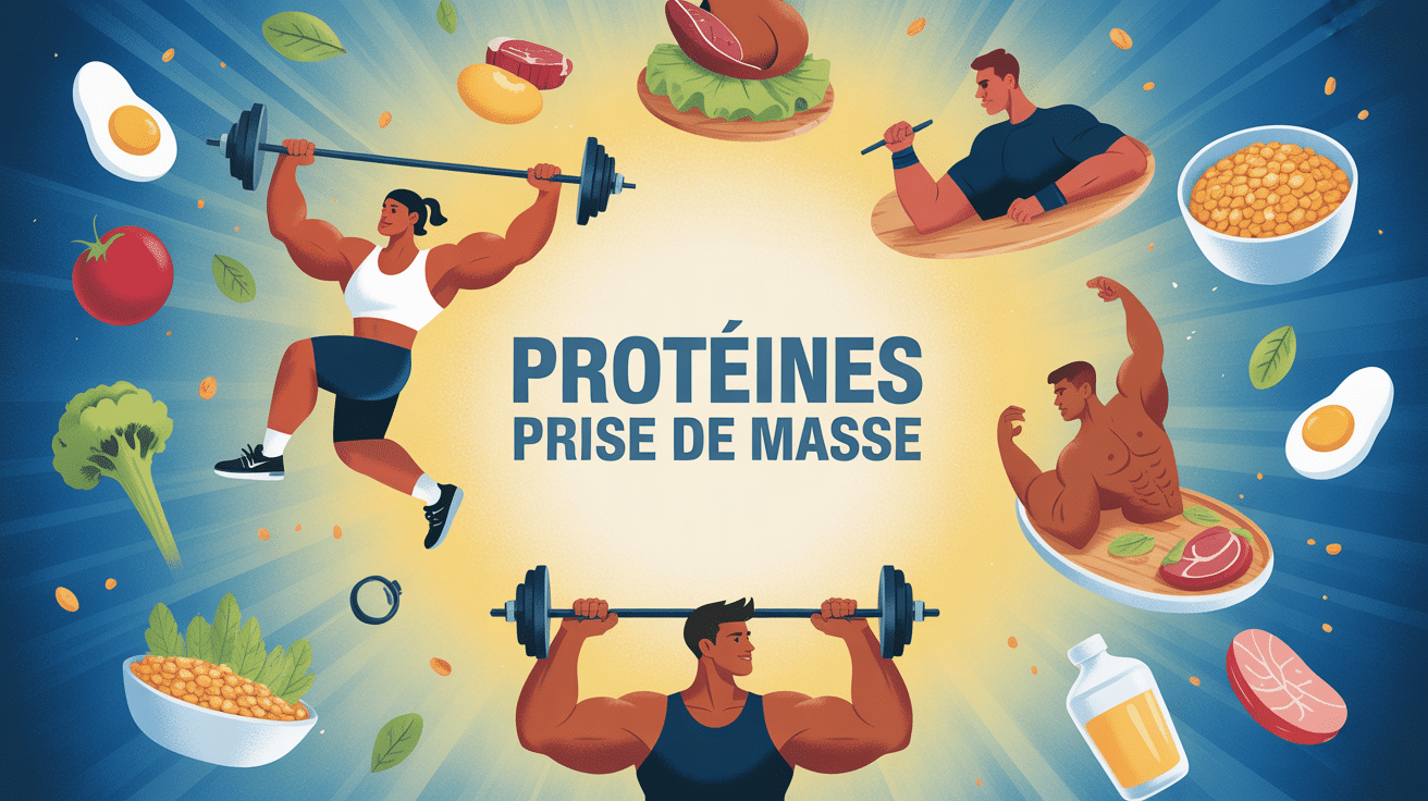 illustration représentant proteine musculation pour prise de masse avec sportifs et aliments