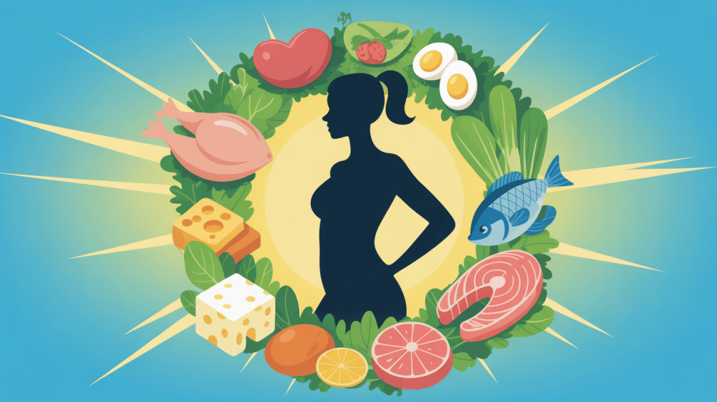 Illustration régime hyperprotéiné pour perdre 20 kilos silhouette svelte et aliments protéinés