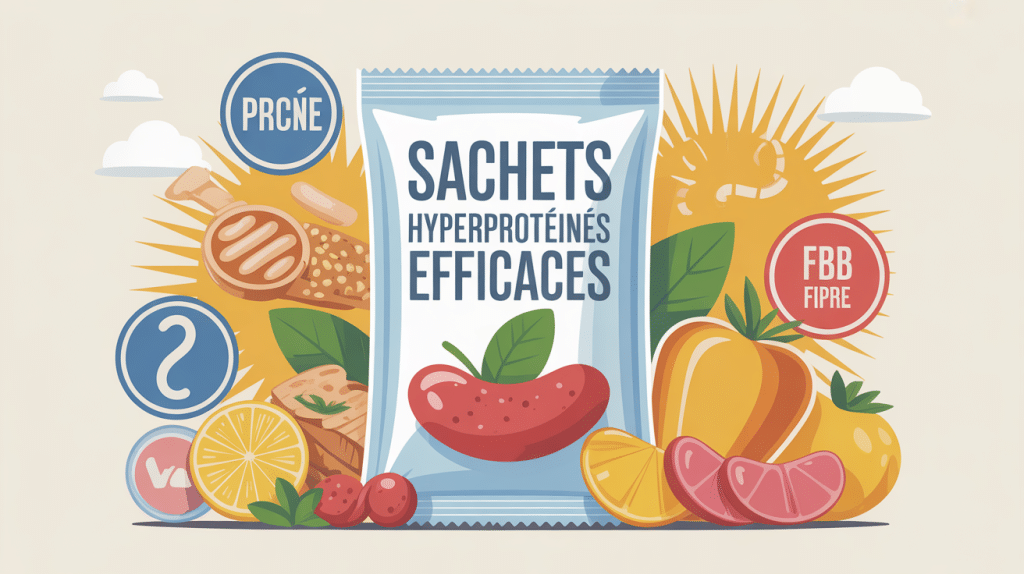 sachet hyperproteine les plus efficaces entouré de symboles nutrition