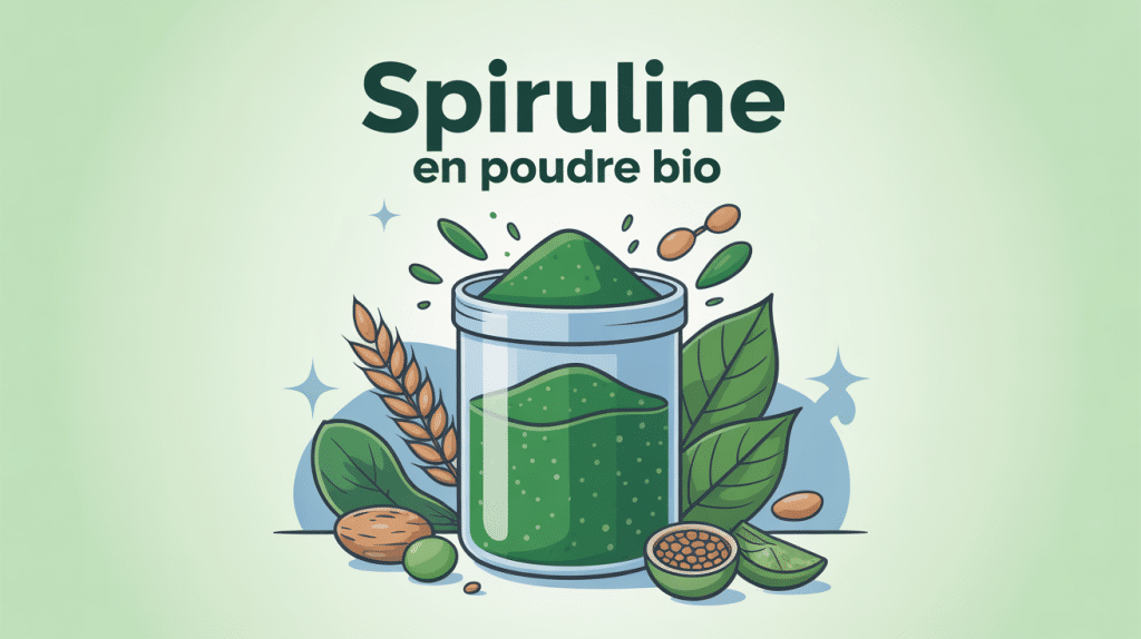 Illustration de spiruline en poudre bio et éléments nutrition