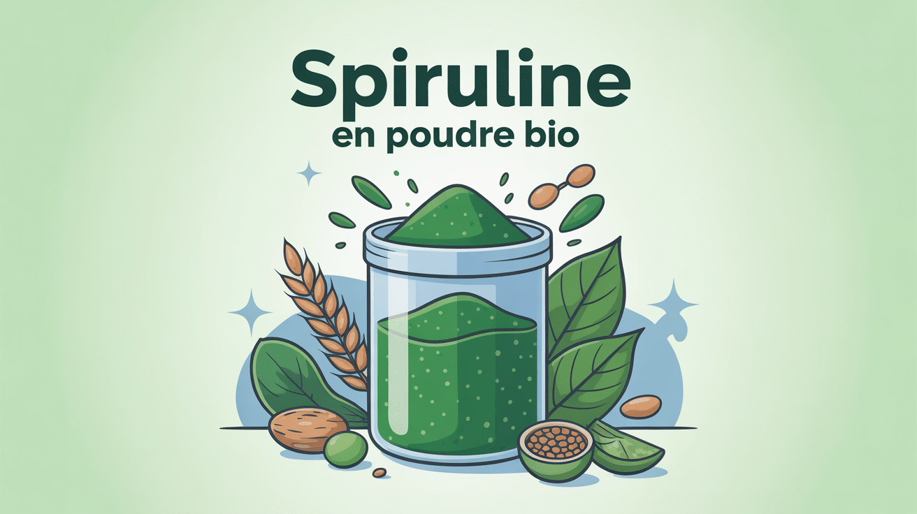Illustration de spiruline en poudre bio et éléments nutrition