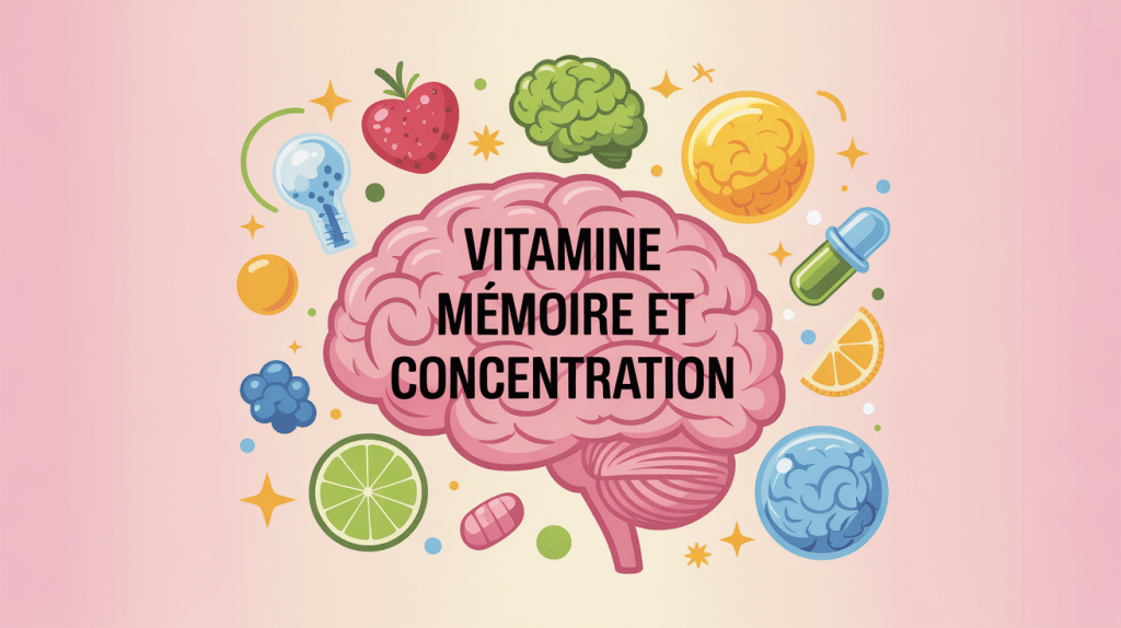 cerveau stylisé entouré de vitamines pour vitamine memoire et concentration