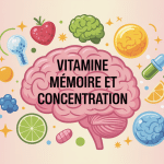 cerveau stylisé entouré de vitamines pour vitamine memoire et concentration