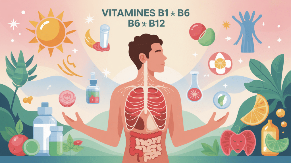 illustration énergie et équilibre avec vitamines b1 b6 et b12