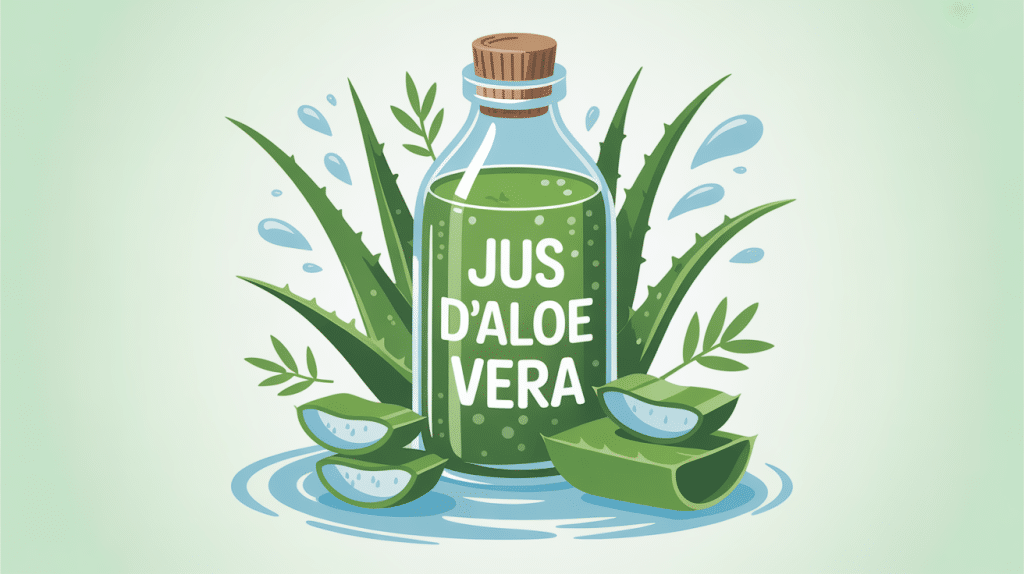 bienfait du jus aloe vera, bouteille entourée de feuilles, éclaboussures fraîches