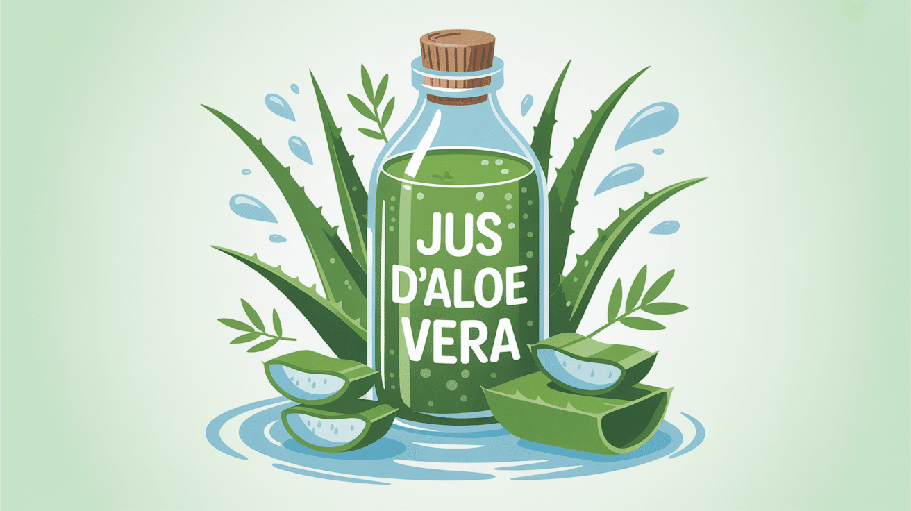 bienfait du jus aloe vera, bouteille entourée de feuilles, éclaboussures fraîches