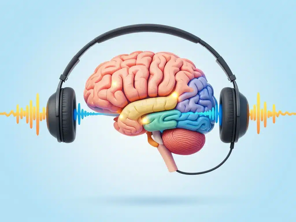 Diagramme effet écouteurs cerveau et ondes sonores