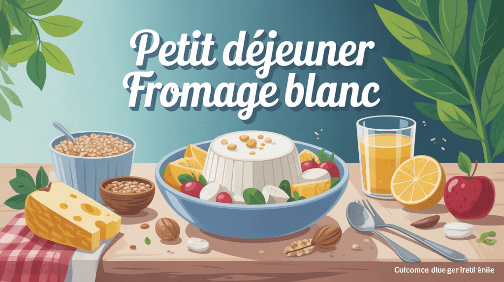 Bol de petit déjeuner fromage blanc entouré de flocons, fruits et graines