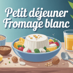 Bol de petit déjeuner fromage blanc entouré de flocons, fruits et graines