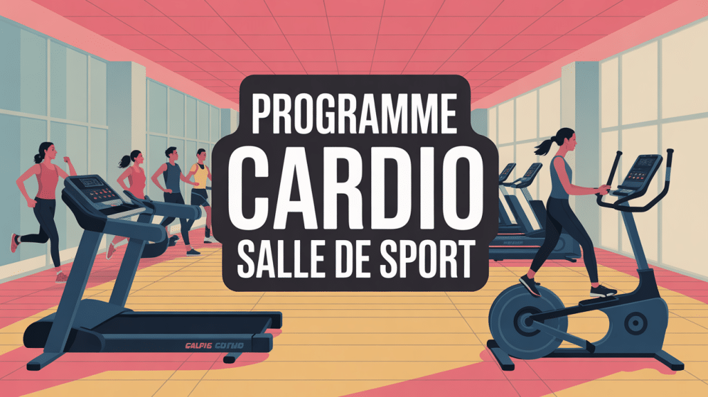 programme cardio salle de sport avec tapis, rameur, vélo en salle moderne