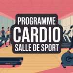 programme cardio salle de sport avec tapis, rameur, vélo en salle moderne