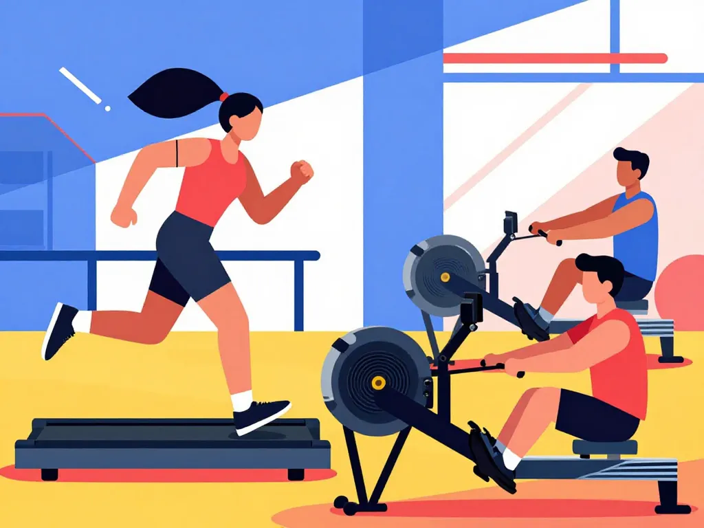 programme cardio salle de sport HIIT sur tapis et rameur en salle