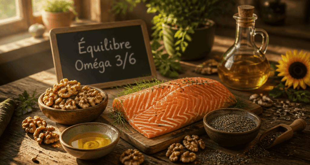 Ingrédients omega 3 et 6 sur table